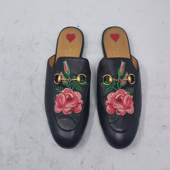 Gucci Black Horsebit Rose Floral Embroidery Princetown Slide Mule - Picture 1 of 12